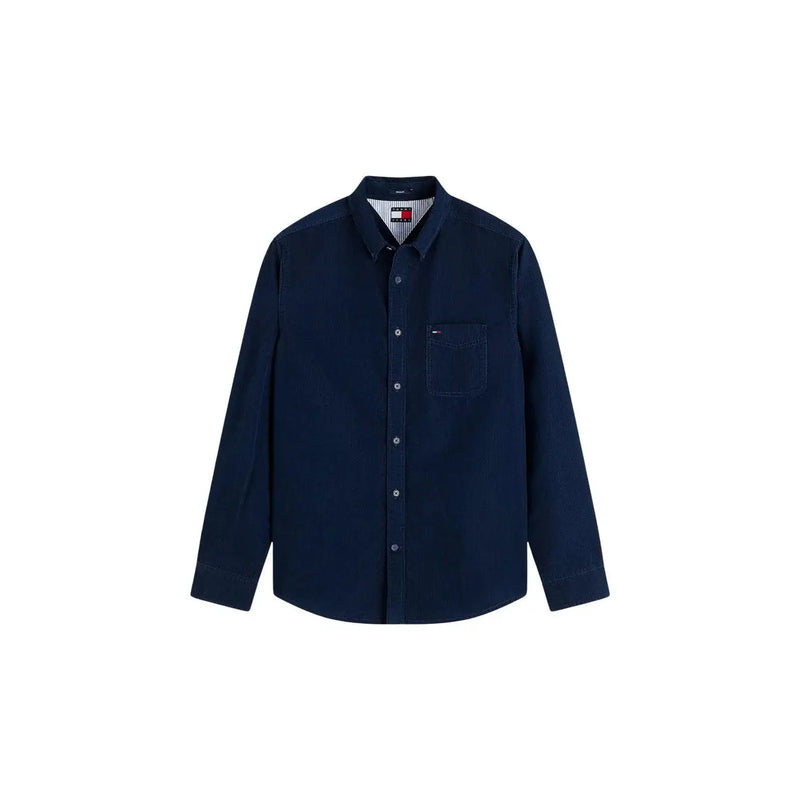 Marineblaues Tommy Hilfiger Herren-Jeanshemd mit Brusttasche, gestreiftem Innenkragen, lässigem Knopfverschluss aus Baumwolle