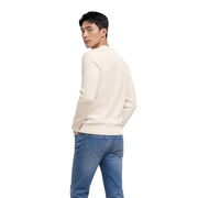 Cream-colored ribbed knit sweater made from organic cotton with a round neck by Tommy Hilfiger men knitwear