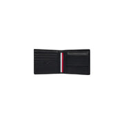 Tommy Hilfiger Herren-Ledergeldbörse, schwarz mit rot-weiß-blau gestreiftem Innenfutter, 11 x 9 cm