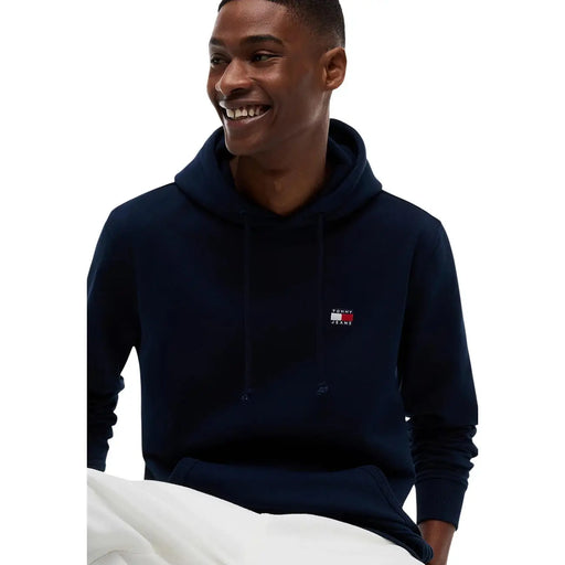 Navy blue tommy hilfiger men organic cotton hoodie with small embroidered logo on the chest