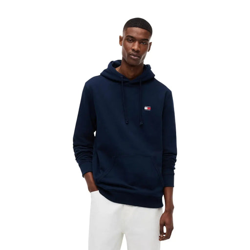 Navy blue tommy hilfiger men organic cotton hoodie with small embroidered chest logo and hooded design