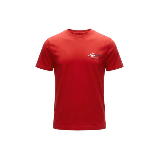 Tommy Hilfiger Herren-T-Shirt aus Bio-Baumwolle, rot, mit kleinem, gesticktem Logo auf der linken Brust.