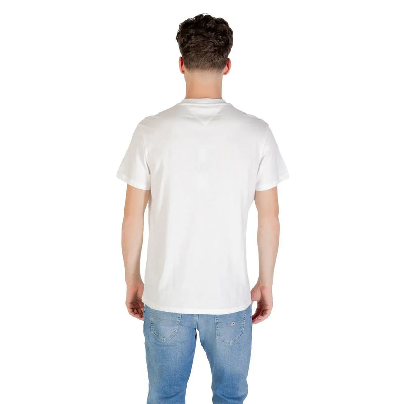 Tommy Hilfiger Beigefarbenes Herren-T-Shirt aus Bio-Baumwolle mit schlichtem Rundhalsausschnitt und kurzen Ärmeln aus weißer Baumwolle.