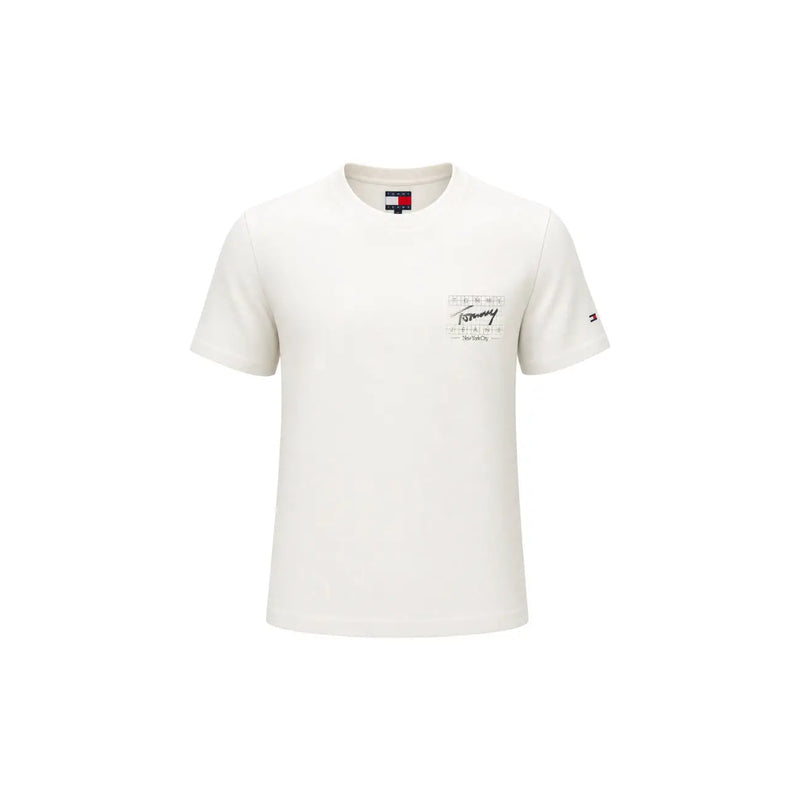 Cremefarbenes Tommy Hilfiger Herren-T-Shirt aus Bio-Baumwolle mit kurzen Ärmeln, dezentem Brustaufdruck und Ärmellogo
