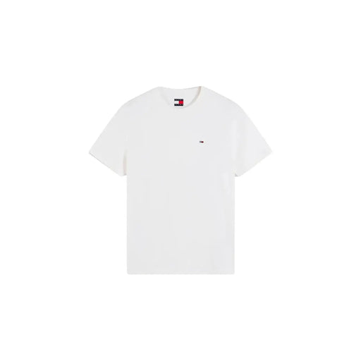 Tommy Hilfiger Weißes Herren-T-Shirt aus Bio-Baumwolle mit kleinem Logo auf der linken Brust und Markenetikett am Kragen.