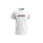 Tommy Hilfiger Weißes Herren-T-Shirt aus Bio-Baumwolle mit klassischem schwarzem Tommy-Logo über einem rot-blauen Streifen.