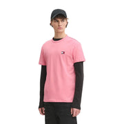 Tommy Hilfiger Herren-T-Shirt aus rosa Bio-Baumwolle mit kurzen Ärmeln und kleinem Logo auf der Brust in normaler Passform