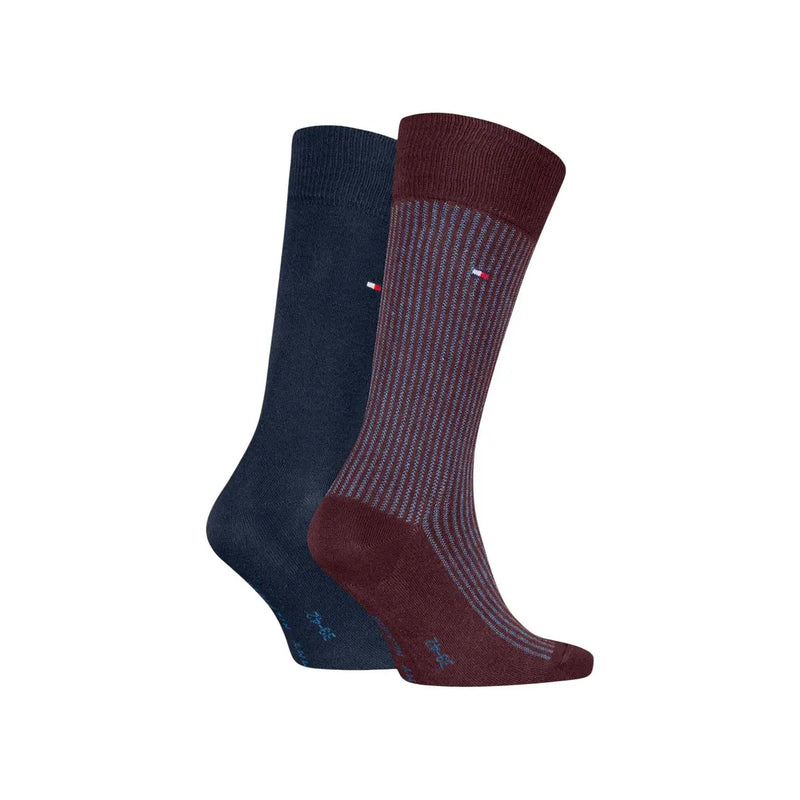 Zwei Paar Tommy Hilfiger Herrensocken in Marineblau und Bordeauxrot aus geripptem Baumwollmischgewebe für elegante Anlässe (2er-Pack).