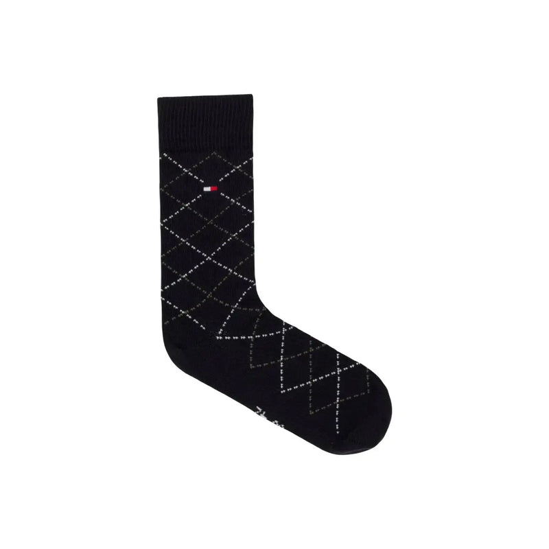 Tommy Hilfiger Herrensocken aus Baumwolle, schwarz mit Rautenmuster, weißen Diamanten und rot-weiß-blauem Logo am Bündchen