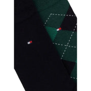 Tommy Hilfiger Herrensocken, grüner Baumwollmix, schwarz-dunkelgrünes Rautenmuster mit weißen Punktlinien und Logo an der Seite
