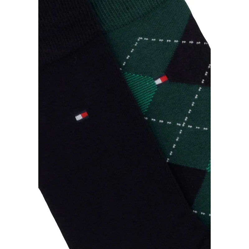 Tommy Hilfiger Herrensocken, grüner Baumwollmix, schwarz-dunkelgrünes Rautenmuster mit weißen Punktlinien und Logo an der Seite