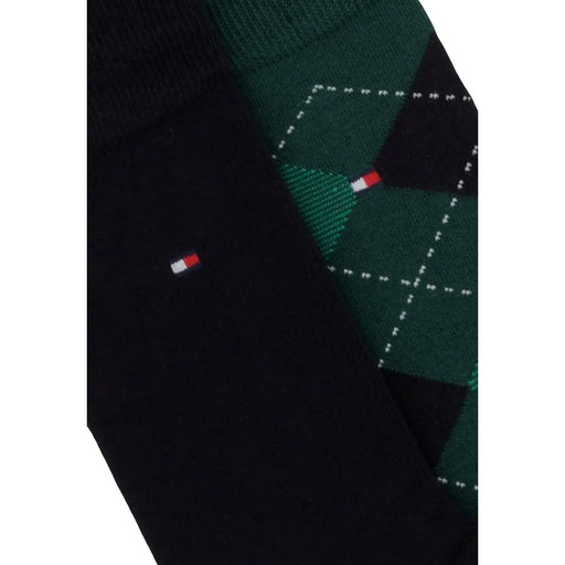 Tommy Hilfiger Herrensocken, grüner Baumwollmix, schwarz-dunkelgrünes Rautenmuster mit weißen Punktlinien und Logo an der Seite