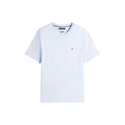 Weißes Tommy Hilfiger Kurzarmhemd t-shirt mit dezentem Logo auf der linken Brust, aus hellblauer Bio-Baumwolle, normale Passform