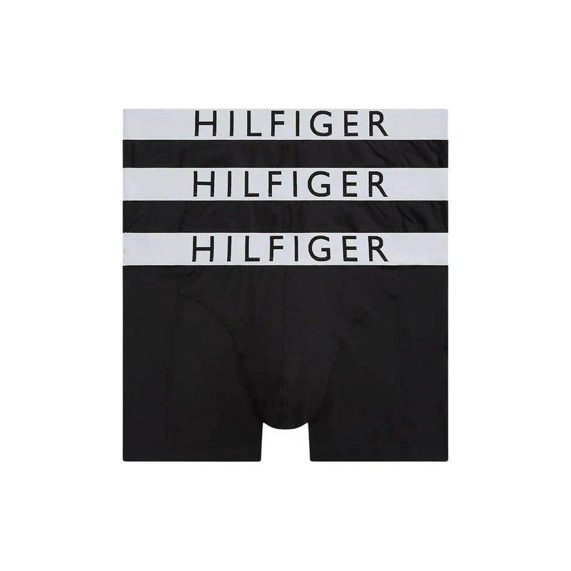 Tommy Hilfiger Herren-Badehose aus schwarzem, kühlendem Nylon mit weißem Bund und markantem schwarzem Logo-Schriftzug