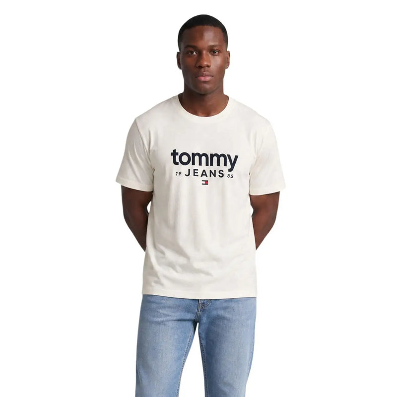 cremefarben Tommy Hilfiger Weißes Herren-T-Shirt aus Bio-Baumwolle mit schwarzem Tommy 19 Jeans 85 Logo und Flaggenemblem