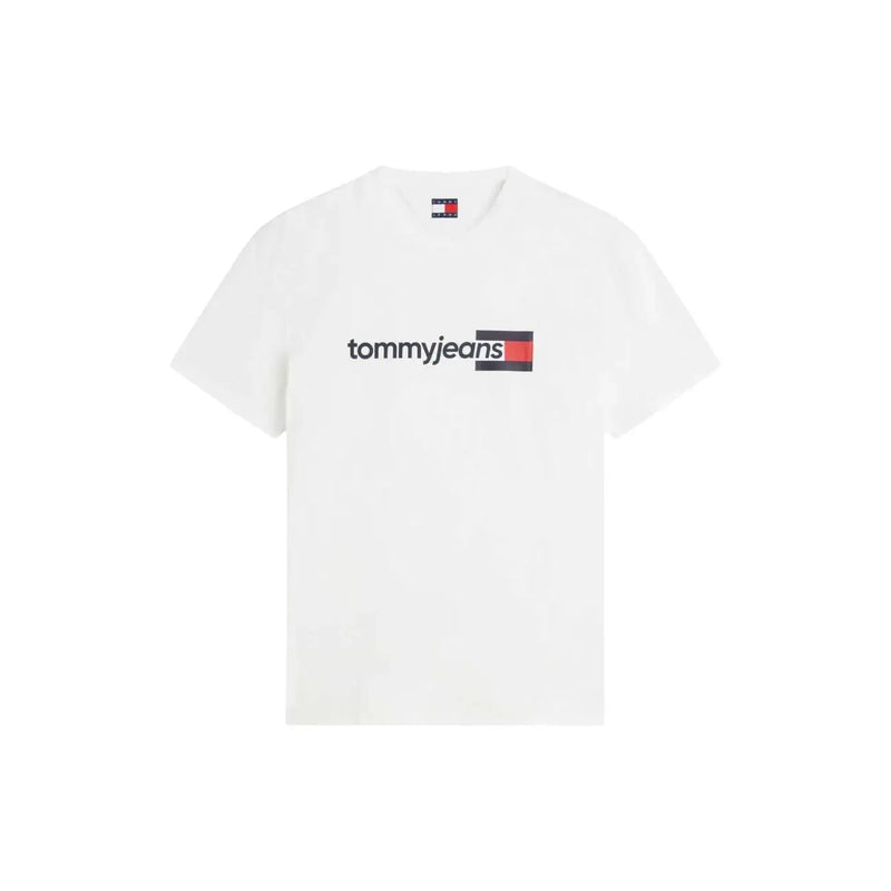 Tommy Hilfiger Weißes Herren-T-Shirt aus Bio-Baumwolle mit schwarzem TommyJeans-Logo und rot-weiß-blauem Flaggenemblem auf der Brust