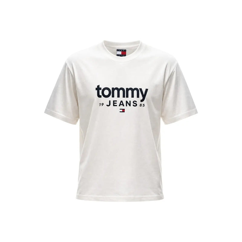 Tommy Hilfiger Weißes Herren-T-Shirt aus Bio-Baumwolle mit schwarzem Tommy 19 Jeans 85 Logo und Flaggenemblem auf der Vorderseite