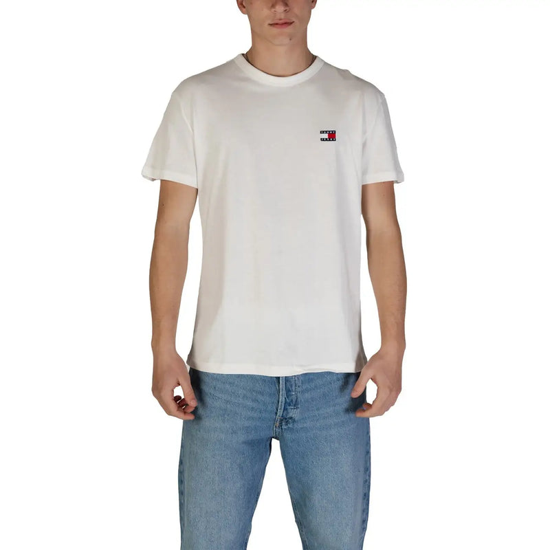 Tommy Hilfiger men’s white organic cotton t shirt round neck with small embroidered logo on the left chest