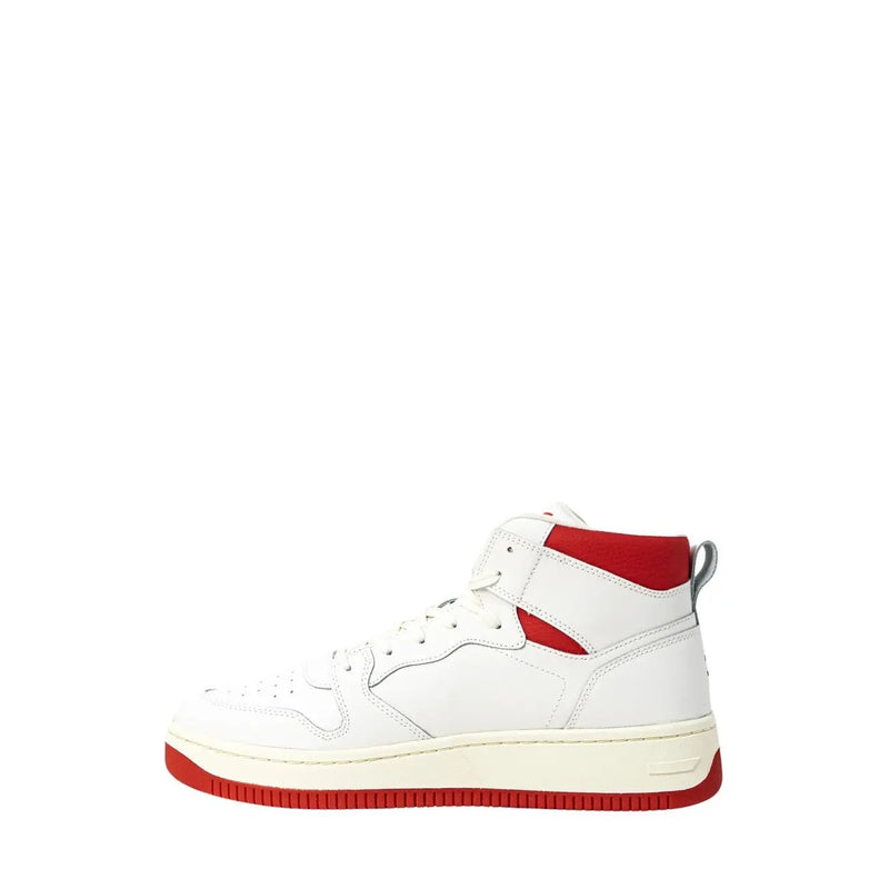 Tommy Hilfiger men’s white high-top sneakers with red accents and rubber soles viewed from the back side