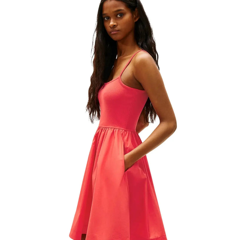 Tommy Hilfiger red organic cotton dress with square neckline featuring a vibrant coral sleeveless fitted bodice and flared skirt
