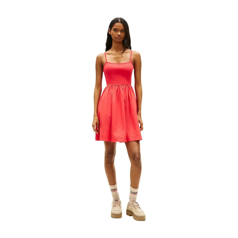Tommy Hilfiger red organic cotton sleeveless dress with fitted bodice flared skirt and thin spaghetti straps