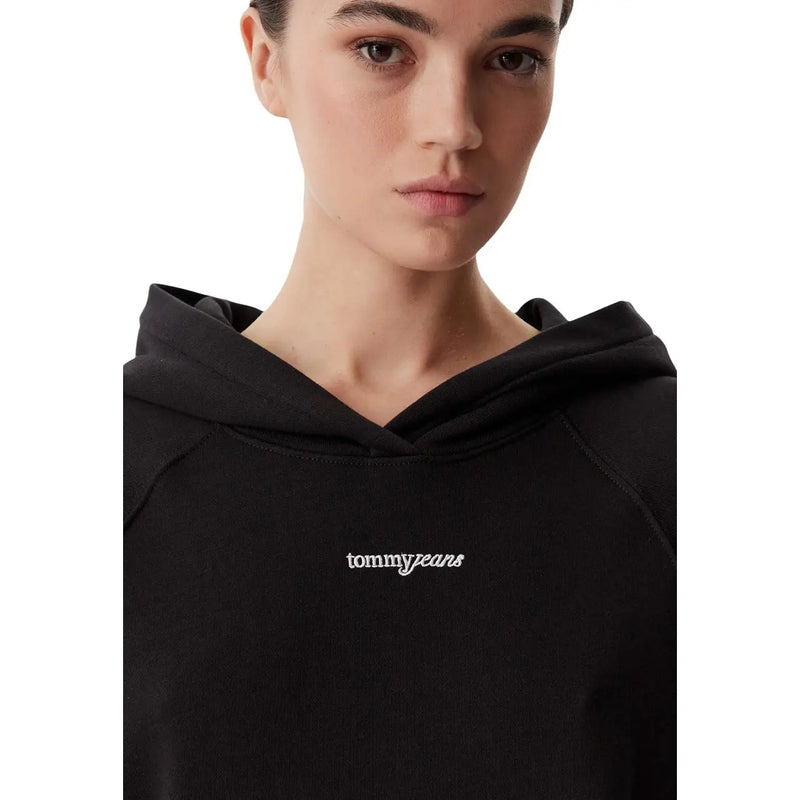Schwarzer Tommy Hilfiger Damen-Hoodie aus Bio-Baumwolle mit weißem, gesticktem Logo auf der Brust