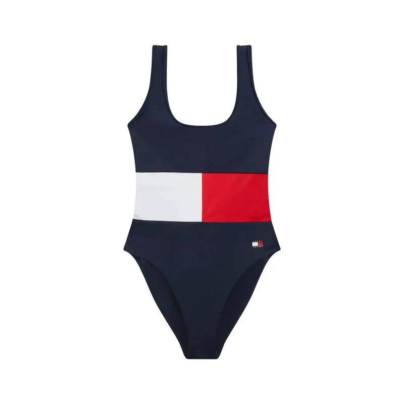 Marineblauer Tommy Hilfiger Damen-Badeanzug aus Nylon mit Rundhalsausschnitt und weißem und rotem Querstreifen über dem Oberkörper