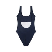 Rückansicht eines blauen Tommy Hilfiger Damen-Badeanzugs aus Nylon mit Rundhalsausschnitt, weißem Einsatz und dünnen Trägern.