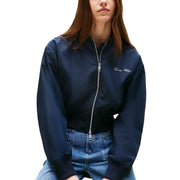 Marineblaue Tommy Hilfiger Damen-Bomberjacke aus Polyester mit silbernem Reißverschluss und gesticktem Logo auf der linken Brust