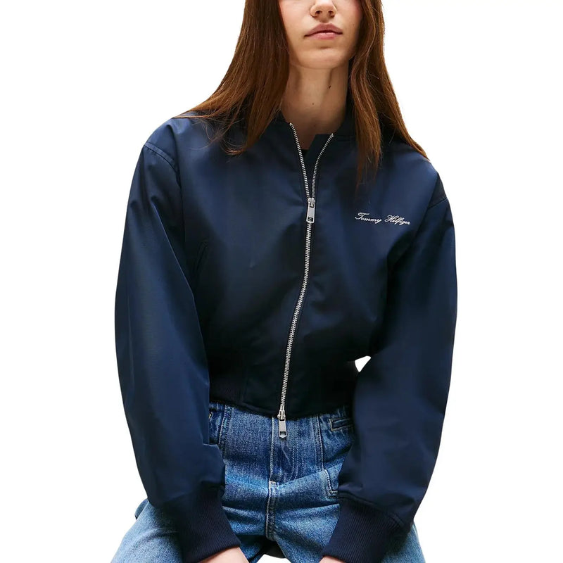 Marineblaue Tommy Hilfiger Damen-Bomberjacke aus Polyester mit silbernem Reißverschluss und gesticktem Logo auf der linken Brust