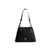 Schwarze, gesteppte Lederhandtasche mit Ketten- und Riemendetails neben einer braunen Tommy Hilfiger Mini-Tragetasche aus Polyurethan, 28 cm