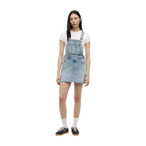 Tommy Hilfiger Damen-Jeansrock aus Bio-Baumwolle in Blau mit heller Jeans-Latzhose, ausgefranstem Saum und klassischen Ziernähten