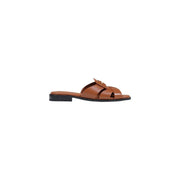 Tommy Hilfiger Braune Damen-Lederpantoffeln, Sandalen mit gekreuzten Riemen und niedriger schwarzer Sohle