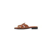 Tommy Hilfiger Braune Damen-Lederpantoffeln mit niedrigem Blockabsatz und geflochtenem Riemen aus braunem Leder