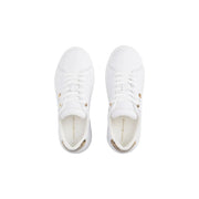 Weiße Tommy Hilfiger Damen-Sneaker aus Leder mit goldfarbenen Metallic-Akzenten an Schnürsenkeln und Ferse für einen stylischen Look