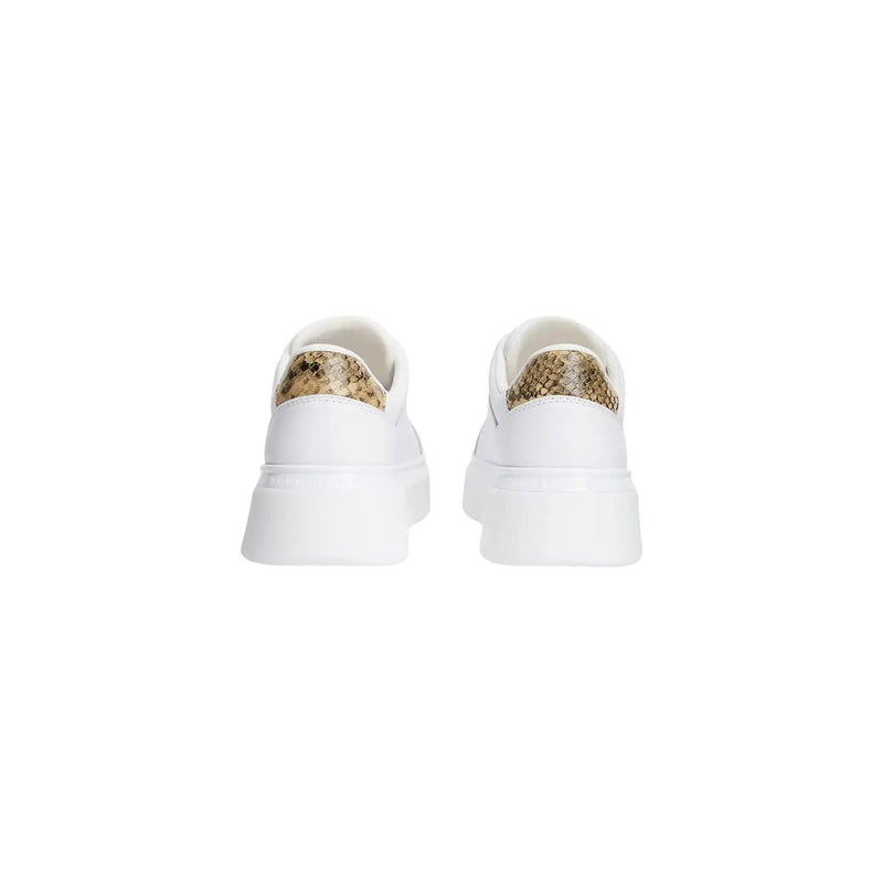 Rückansicht von Tommy Hilfiger Weiße Damen-Plateau-Sneaker aus Leder mit goldfarbenem Schlangenleder-Fersendetail