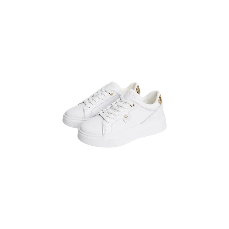 Tommy Hilfiger Weiße Damen-Plateau-Sneaker aus Leder mit goldfarbenen Akzenten und elegantem, minimalistischem Design