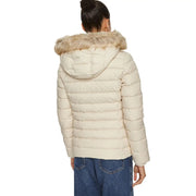Cremefarbene Tommy Hilfiger Damen-Kapuzenjacke aus Polyester mit flauschig hellbraun gefütterter Kapuze