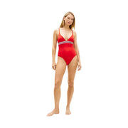 Tommy Hilfiger Roter Damen-Einteiler mit dünnen Trägern und weißem Streifen aus Nylon-Elastan für Bademode