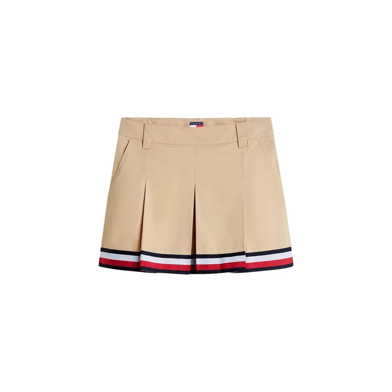 Tommy Hilfiger Beigefarbener Minirock aus Bio-Baumwolle für Damen mit Falten und marineblau-weiß-rot gestreiftem Saum