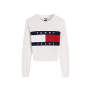 Weißes, kurzes Tommy Hilfiger Damen-Sweatshirt mit auffälligem rot-weiß-blau gestreiftem Logo aus Bio-Baumwolle