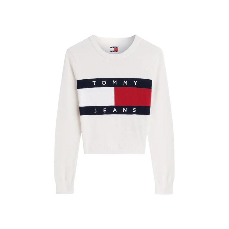 Weißes, kurzes Tommy Hilfiger Damen-Sweatshirt mit auffälligem rot-weiß-blau gestreiftem Logo aus Bio-Baumwolle