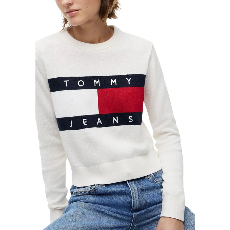 Tommy Hilfiger Damen-Sweatshirt aus weißer Bio-Baumwolle mit auffälligem rot-weiß-blauem Logo auf der Brust
