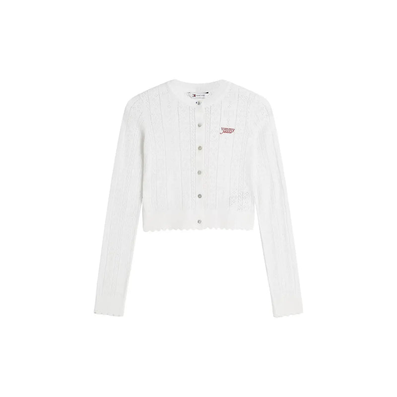 Weißer, kurzer Tommy Hilfiger Cardigan mit Rippstrickstruktur, Knopfleiste und Rundhalsausschnitt für Damen