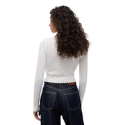 Tommy Hilfiger Weiße Damenstrickjacke mit Rundhalsausschnitt, gewelltem Saum und dezenten vertikalen Rippen