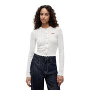 Tommy Hilfiger Weiße Damenstrickjacke aus weichem Stoff mit Rundhalsausschnitt, geschwungenem Saum und langen Ärmeln mit Knopfleiste.