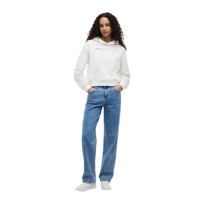 Tommy Hilfiger Weißer Damen-Kapuzenpullover aus Baumwolle mit dezentem, mehrfarbigem Schriftzug auf der Brust