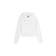 Tommy Hilfiger Weißer, kurzer Damen-Hoodie aus Baumwolle mit dezentem, mehrfarbigem Branding und klassischem Logo-Etikett am Halsausschnitt