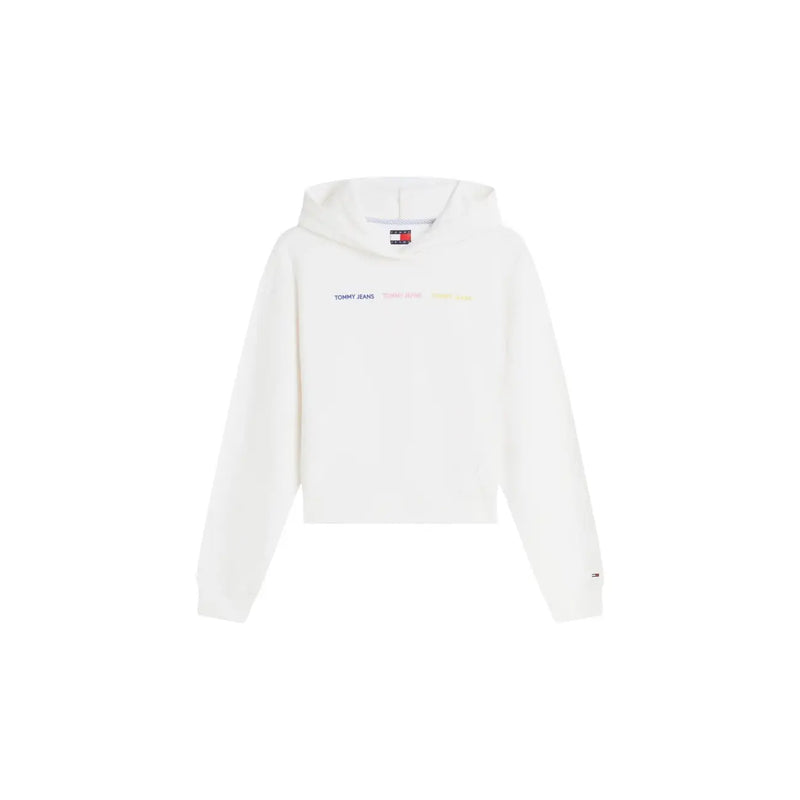 Tommy Hilfiger Weißer, kurzer Damen-Hoodie aus Baumwolle mit dezentem, mehrfarbigem Branding und klassischem Logo-Etikett am Halsausschnitt