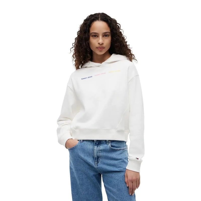 Tommy Hilfiger Weißer Damen-Hoodie aus Baumwolle mit farbenfrohem, gesticktem Logo auf der Brust im Tommy-Jeans-Hoodie-Stil